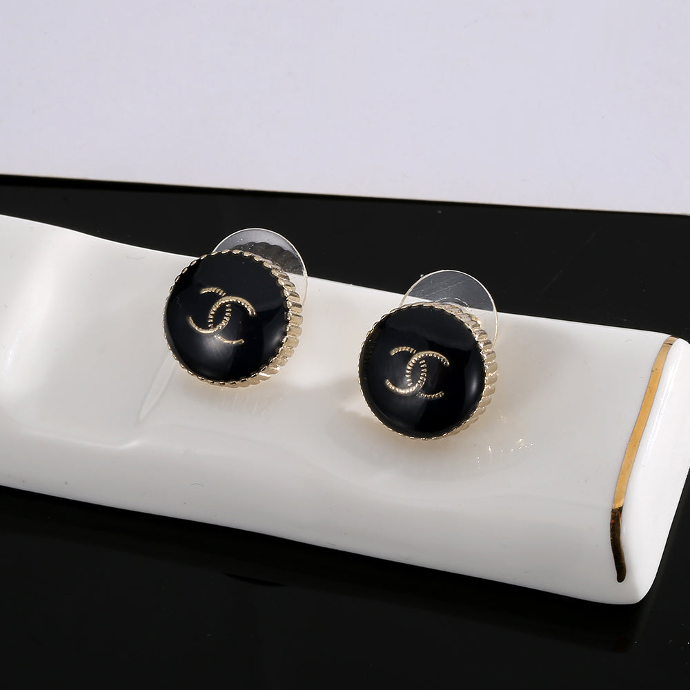 18K  Chanel Circle Black Resin Earrings